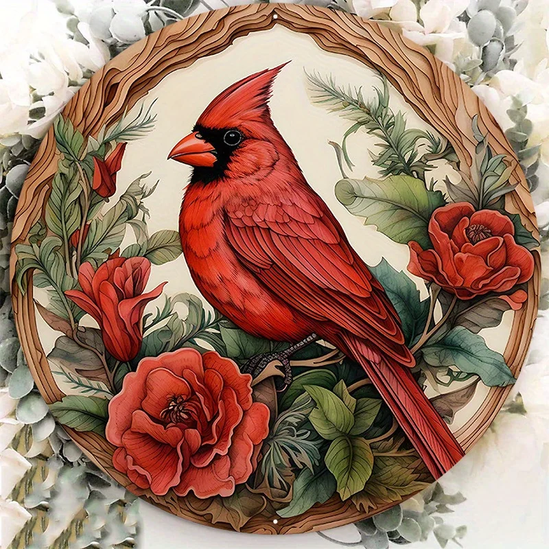 Vibrant Red Cardinal Bird Aluminum Metal Sign, Decorative Wreath Attachment with Intricate Details, Home Decor, 8x8in, 1PC