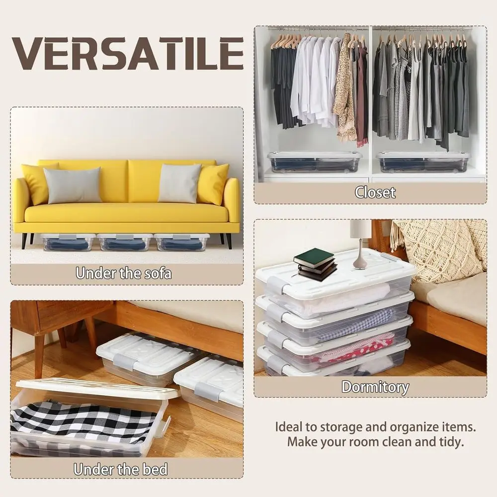 Grandes caixas de armazenamento de plástico transparente com rodas e tampas para uso embaixo da cama, ideais para roupas, sapatos e cobertores (23,7 x 15