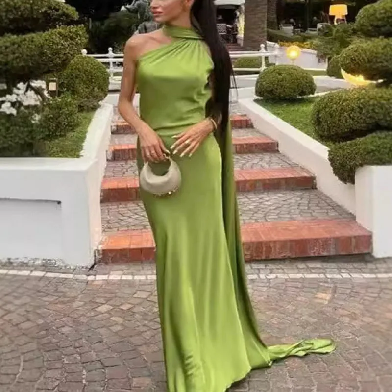 Damska wstążka wisząca na szyję długie sukienki jednokolorowe letnie bez rękawów, bez pleców, wąska sukienka na ramiączkach, kobieca elegancka satynowa szata