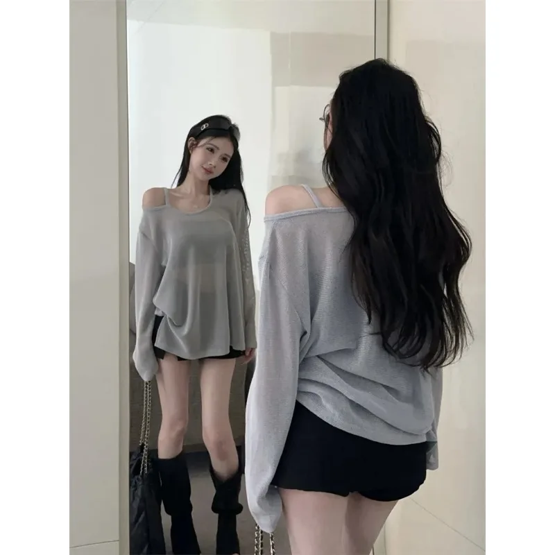 Nueva blusa holgada de verano, camiseta de manga larga de estilo coreano con abertura fina de seda helada