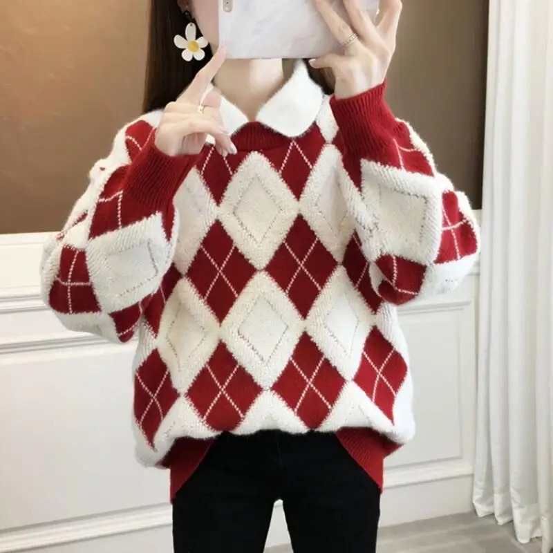 

Женский свитер, новый пуловер, трикотаж, женская одежда, топы, модные Y2K Kawaii, теплый воротник с рисунком Argyle, свободный, с длинным рукавом, повседневный, на каждый день