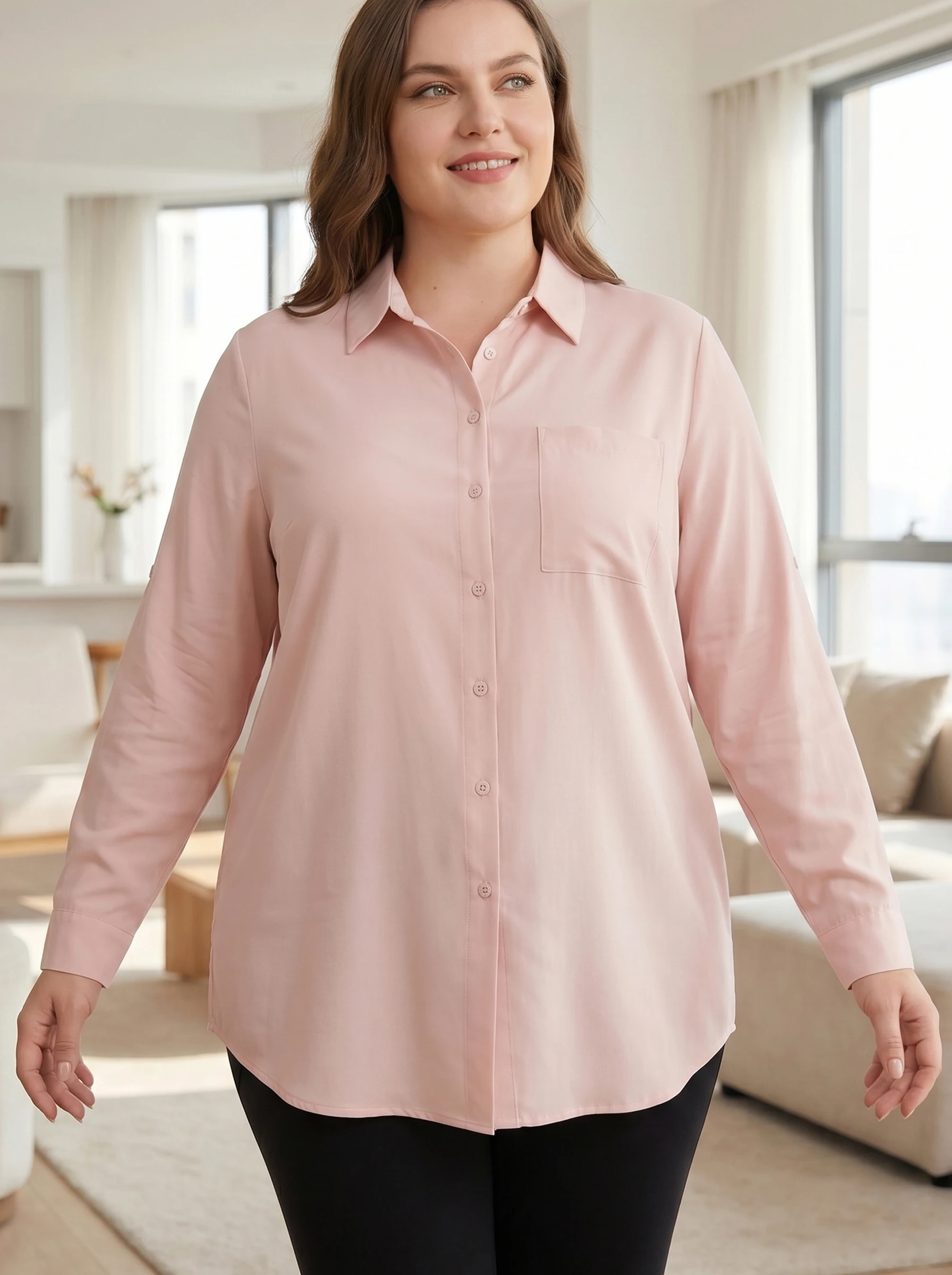 

Rosa fera Plus Size Women Long Shirt Button Down Blouse Turn Down Collar Loose Fit Long Sleeve Tunic Top with Pocket