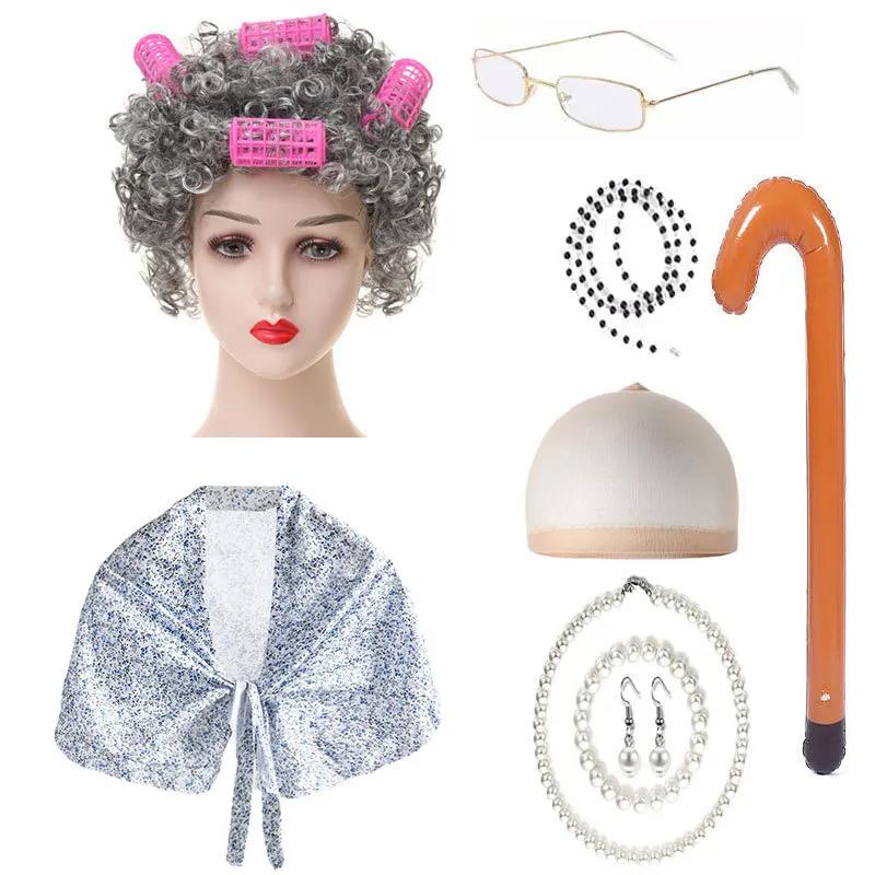 

Костюм для косплея старой дамы для женщин и девочек, на 100-й день учебного года, с шалью, париком, ожерельем, тростью, набор реквизита для сценических выступлений