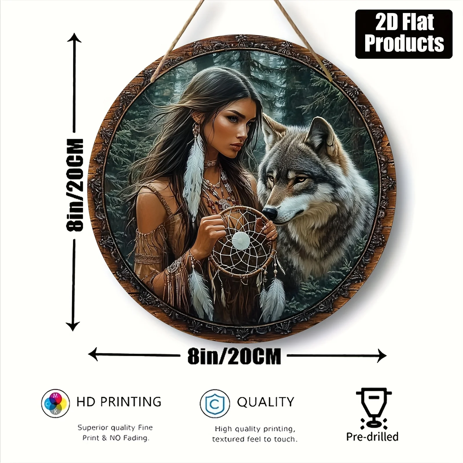 2D flach, 1-teilig, rundes dekoratives Holzdekorationsbrett, auf indischen Frauen und Wölfen, geeignet für Bars, Küchen und Häuser – Detail 2