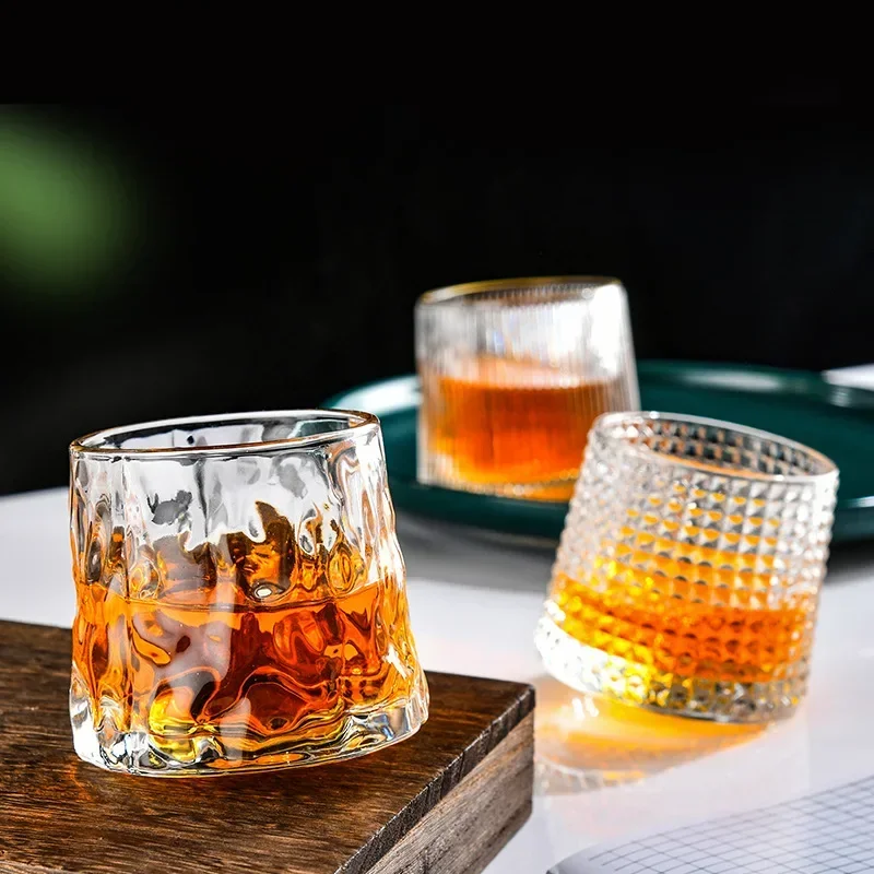 Whiskey Glass Cup with Wooden Base Creative Rotatable Design Wine Cocktails Brandy Cup Water Juice Tea Cups Party Bar Supplies