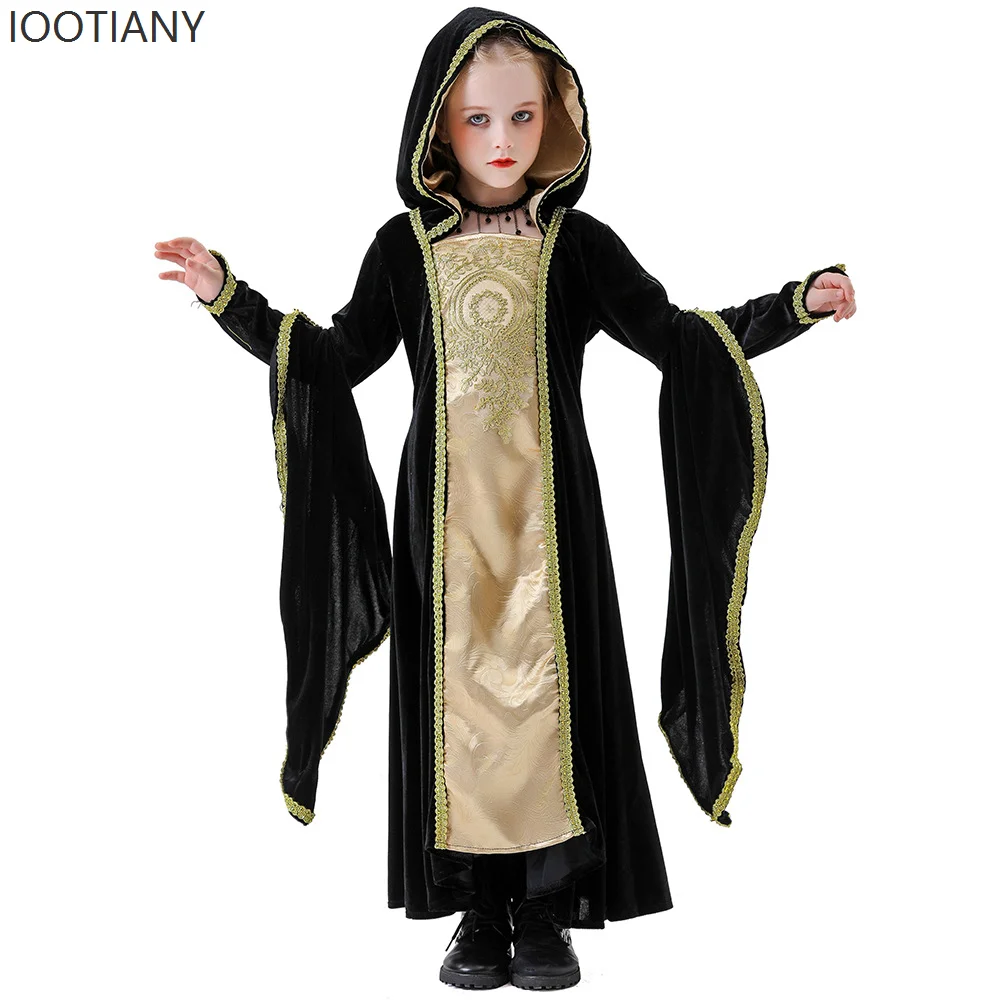 

IOOTIANY Halloween Medieval Retro Court Queen Costume Girl Aristocratic Long Dress Masquerade Stage Performance Hooded Robe 2025