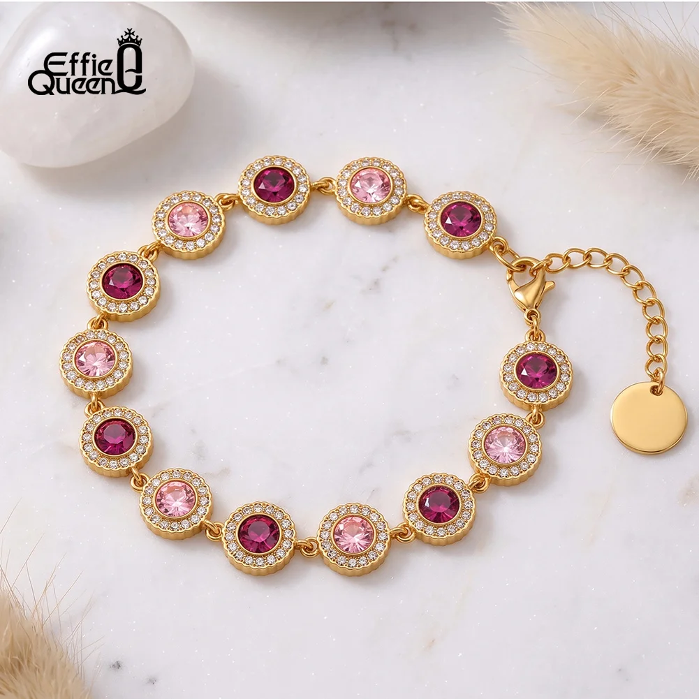 EFFIE QUEEN Stainless Steel Pink Tennis Bracelet 18K Gold Plated Multi Color Round Zircon Bracelet Wedding Fashion Women STKB35