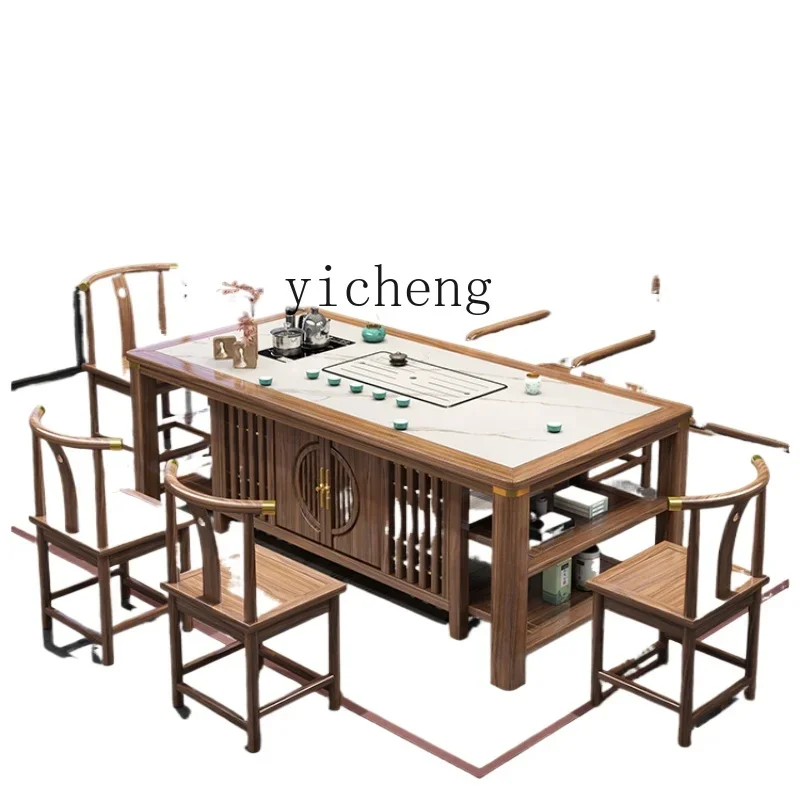 

ZF small apartment tea table and chair combination solid wood household coffee table rock slab light luxury tea making table