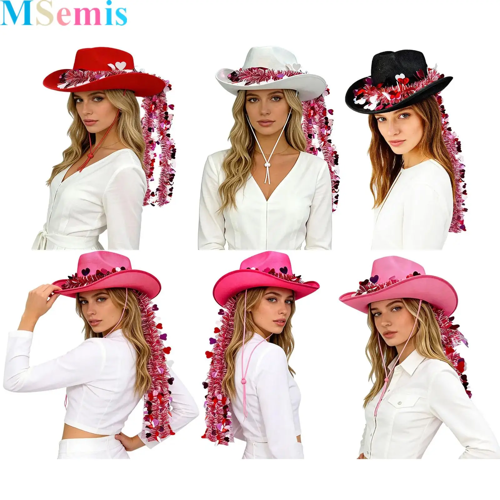 

1Pcs Valentine Day Western Cowboy Cowgirl Hat Heart Sequins Ribbons Decor for Women Men Wide Brim Fedora Hat