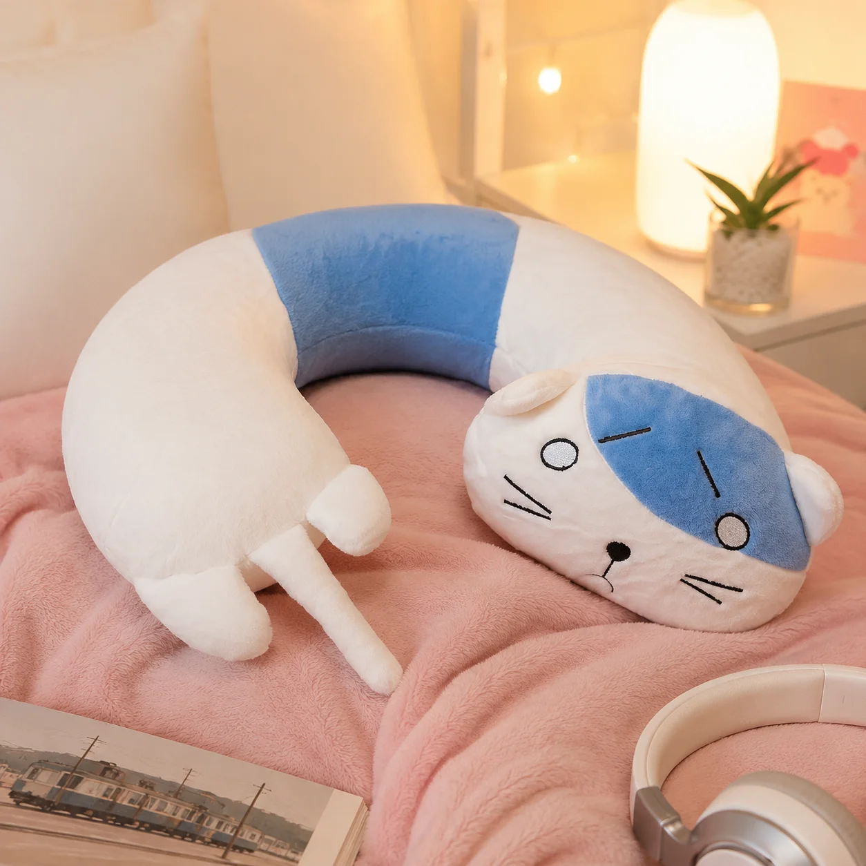 Plush U Shaped Neck Pillow Cat Sad Face Anime Style Hugging Plush Doll Cushion Travel Office Car For Kids Adults Birthday Gift