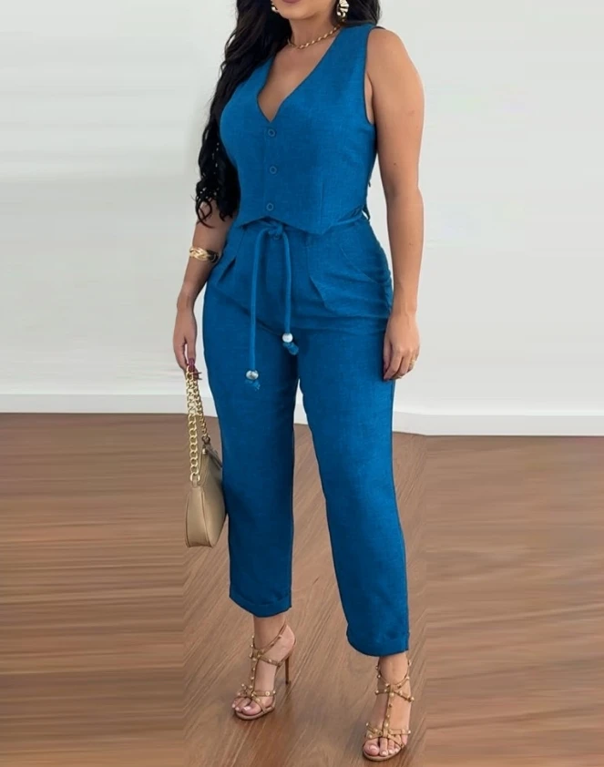 V-Neck Ribbed Vest Vest Vest Short Top and Pocket Design with Lace Up Details, Solid Color Casual Fashion Women's New Set