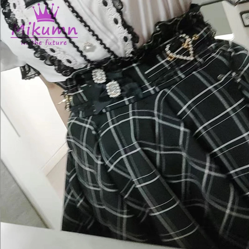 Mikumn Harajuku estilo Lolita agradable arco perla hebilla Falda plisada de cintura alta Y2k chicas góticas japonés Kawaii A-line Mini falda