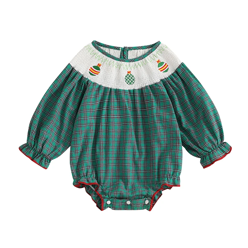 Baby Girl Christmas Plaid Romper Shirred Ball Embroidery Ruffle Sleeve Jumpsuit Casual Clothes