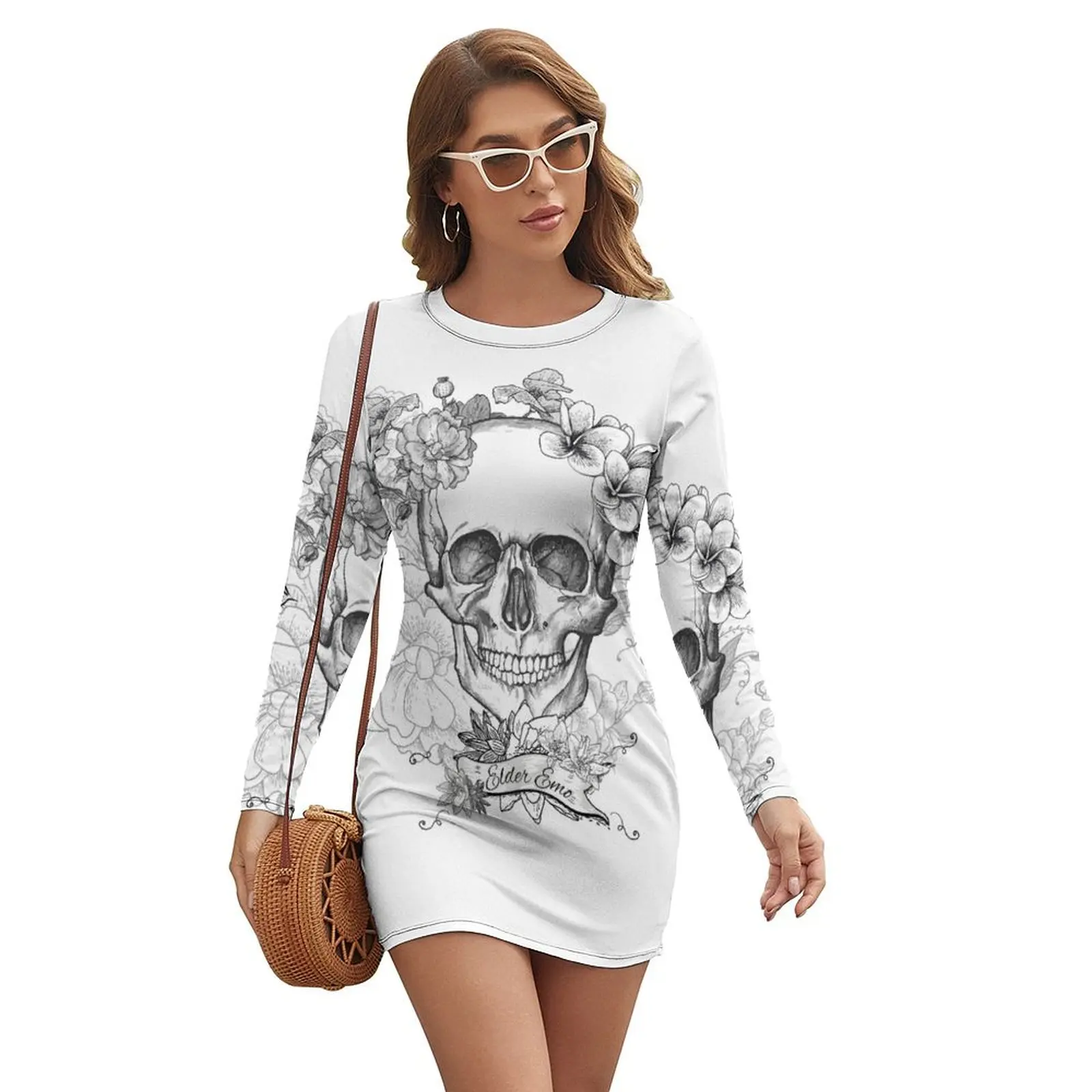 

Elder Emo Skull and Flowers Long-sleeved Dress women's clothing trend 2024 Long dress woman