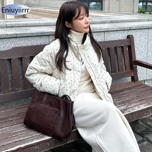 Warm Cute Sweet Women Coats Cotton Printed Florals Chic Elegant Loose Thicken New Daily Winter All Match High Street Parkas 3