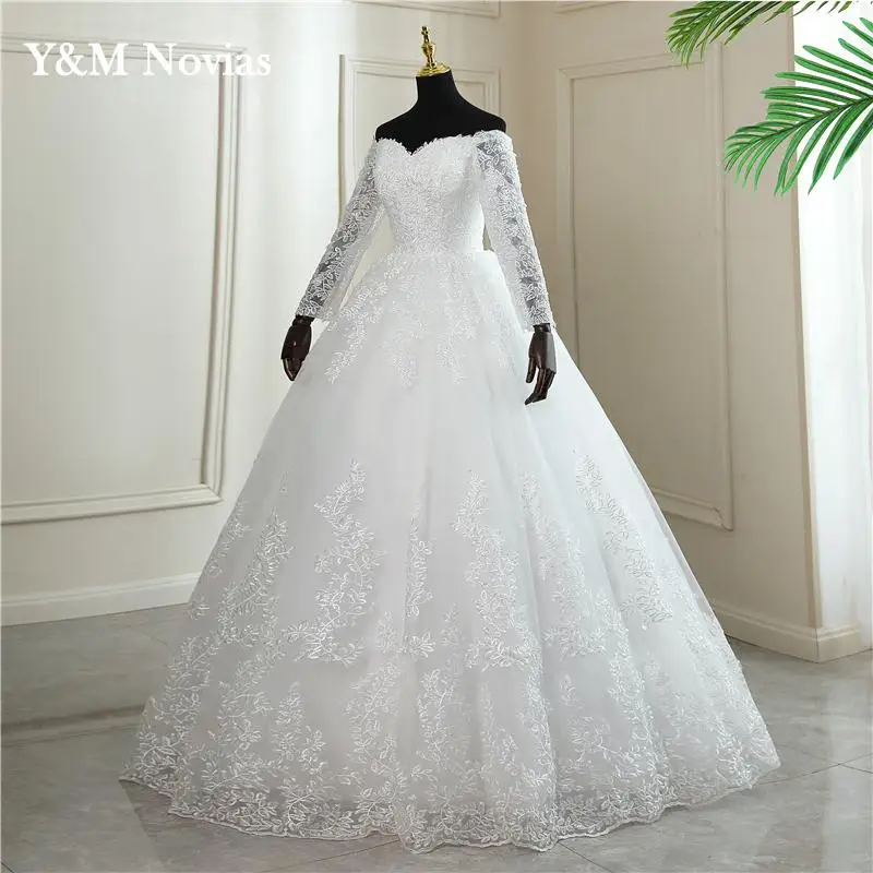 Vestido De novia De manga larga con cuello cuadrado o escote en V, blanco, hombros descubiertos, bordado personalizado, talla grande