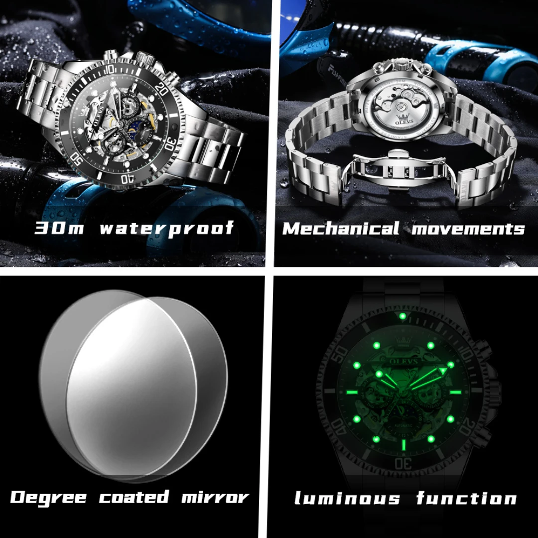 OLEVS 6715 Mechanical Fashion Watch Gift Stainless Steel Watchband Round-dial Wristwatch Luminous Small second