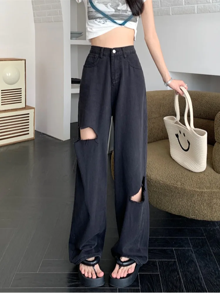 

Bla High Waist Wide Leg Long Pants Women's Loose Fit Denim Summer Drapey Straight High Street plus Size Trendy Trousers