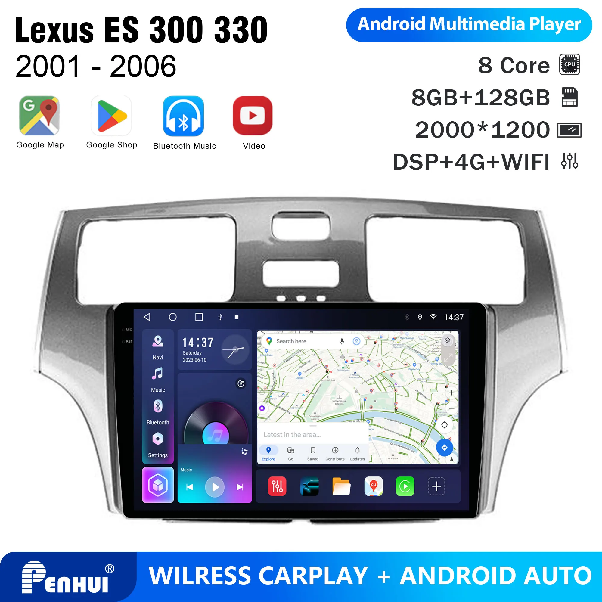 Penhui Android Car DVD Player 2 Din for Lexus ES 300 330 2001 - 2006 Multimedia Screen with DSP, Bluetooth, Audio & CarPlay