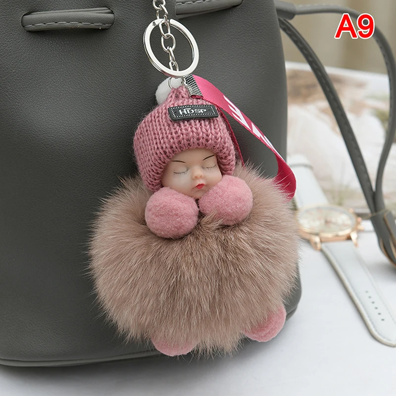Pompom schlafendes Baby Schlüsselanhänger süße flauschige Plüschpuppe Schlüsselanhänger Frauen Mädchen Taschen Schlüsselanhänger Autos Schlüsselanhänger Geschenk charmante Dekoration
