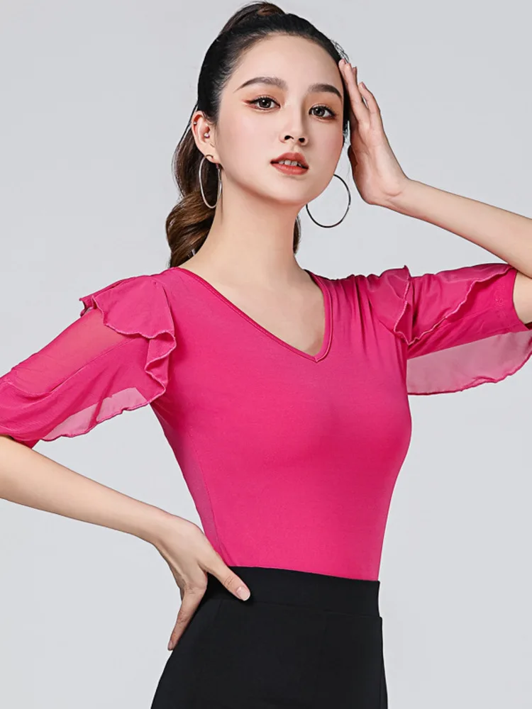 Haut de salle de bal latine pour femmes, coupe cintrée, couleur unie, manches à volants, demi-longueur, vêtements de danse, Tango Samba Rumba, pratique de Performance sur scène