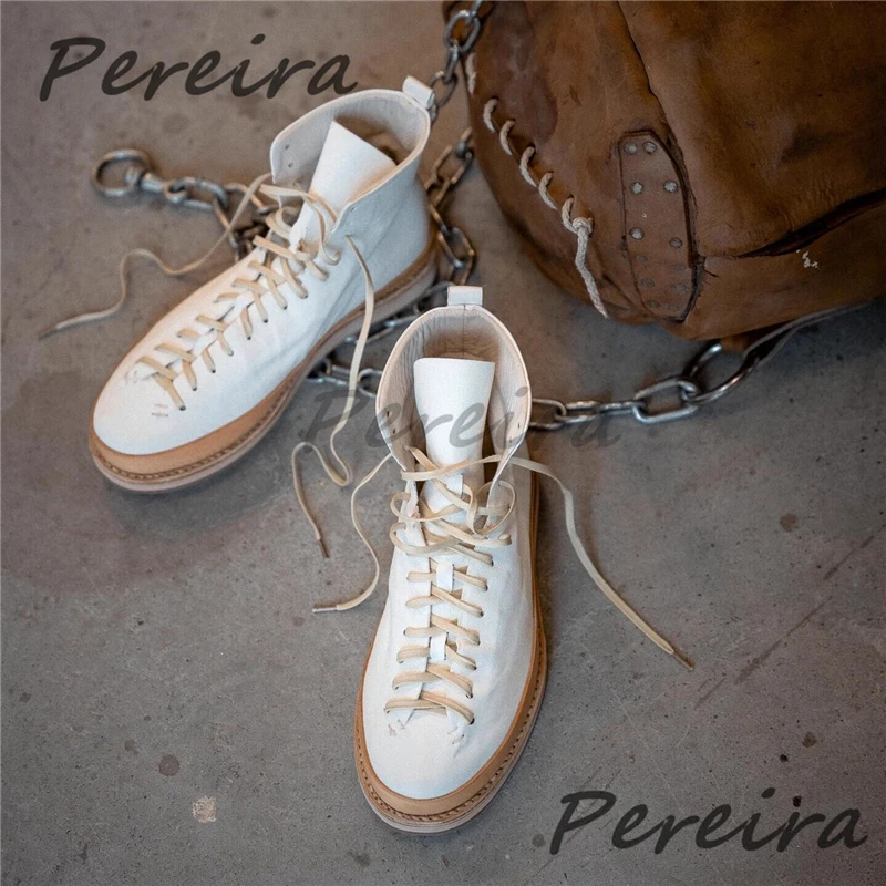 Men's Retro White Leather Thick Soled High-Top Shoes Round Toe Lace-Up Short Boots Trendy Versatile Handmade Casual Sneakers