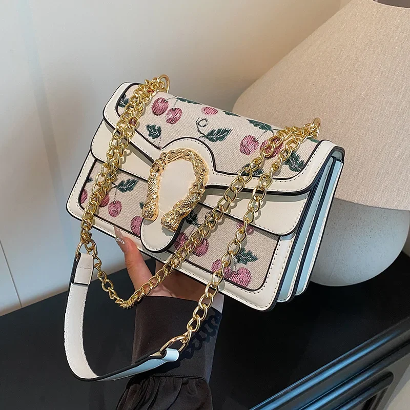 

Premium Woven Cherry & Leather Spliced Bag — Double-Layer Chain Underarm/Shoulder/Crossbody