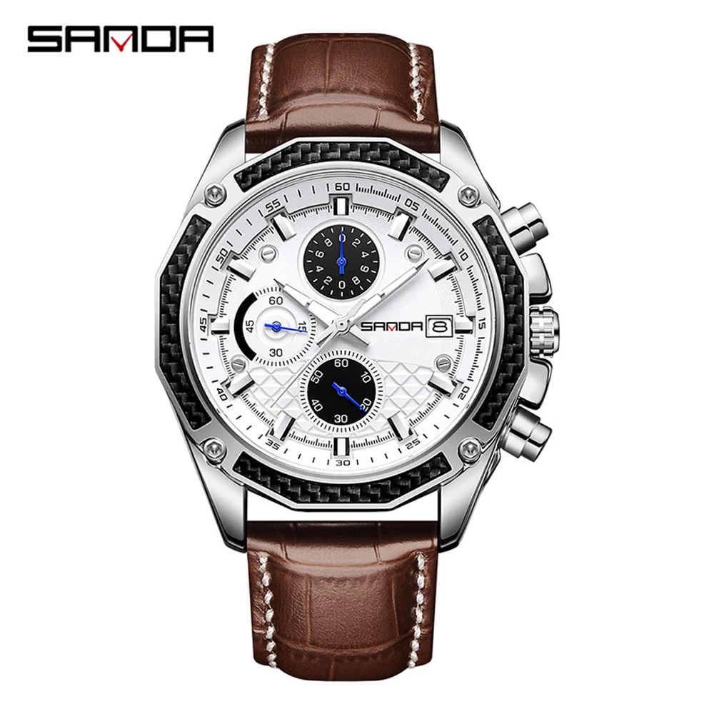 Fashion Sanda Top Brand Quartz Watch Leather Three Eyes And Six Needles Trend With Calendar Men's Gift Fluorescent Wrist Watches