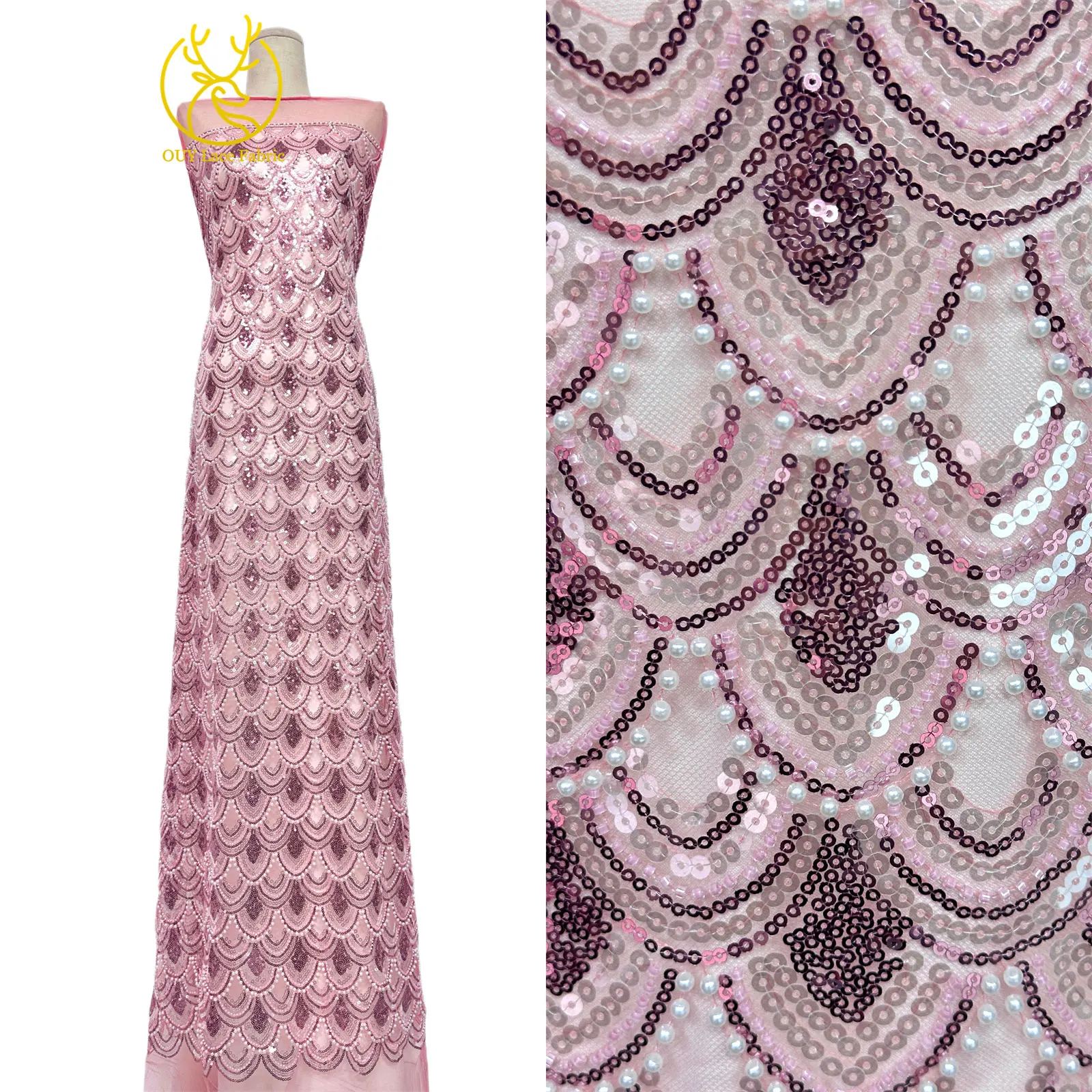 2026 Luxuriöser Afrikanischer Perlen-Spitzenstoff 5 Yards Hochwertiger Nigerianischer Französischer Pailletten-Tüll-Spitzenstoff Ideal für Hochzeiten und Bankette – Detail 9