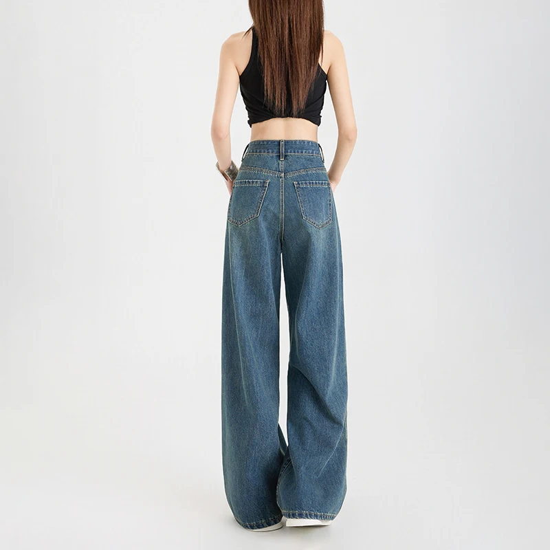 KSTUN 2025 Woman Jeans High Waist Wide Leg Denim Pants Straight Pants Fashion Comfort Front Pleated Vintage Pockets Designer