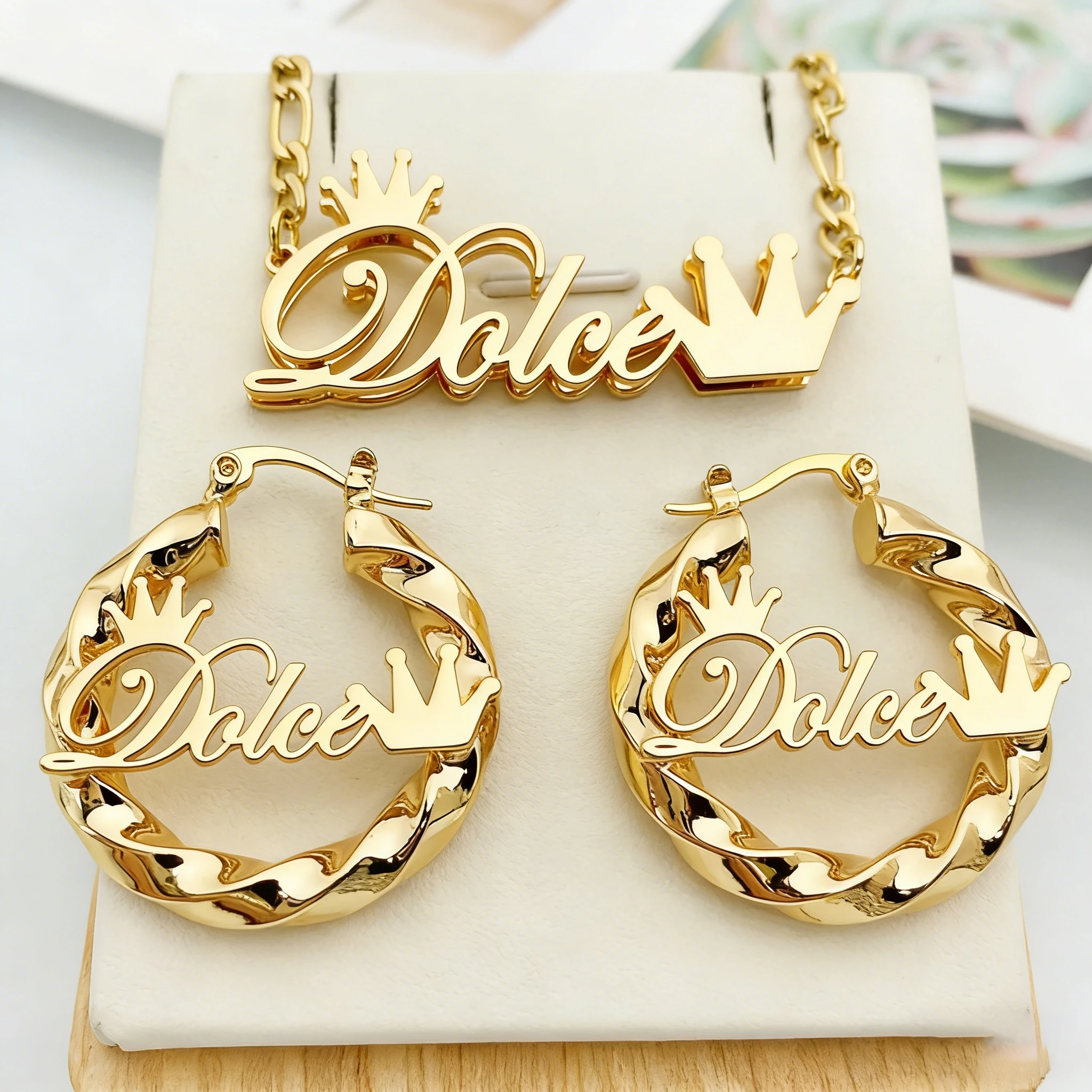 DUOYING Custom Name Jewelry Set Cuba Chain Stainless Steel Necklace Crown Earrings 18K Personalization Plated Women Gift
