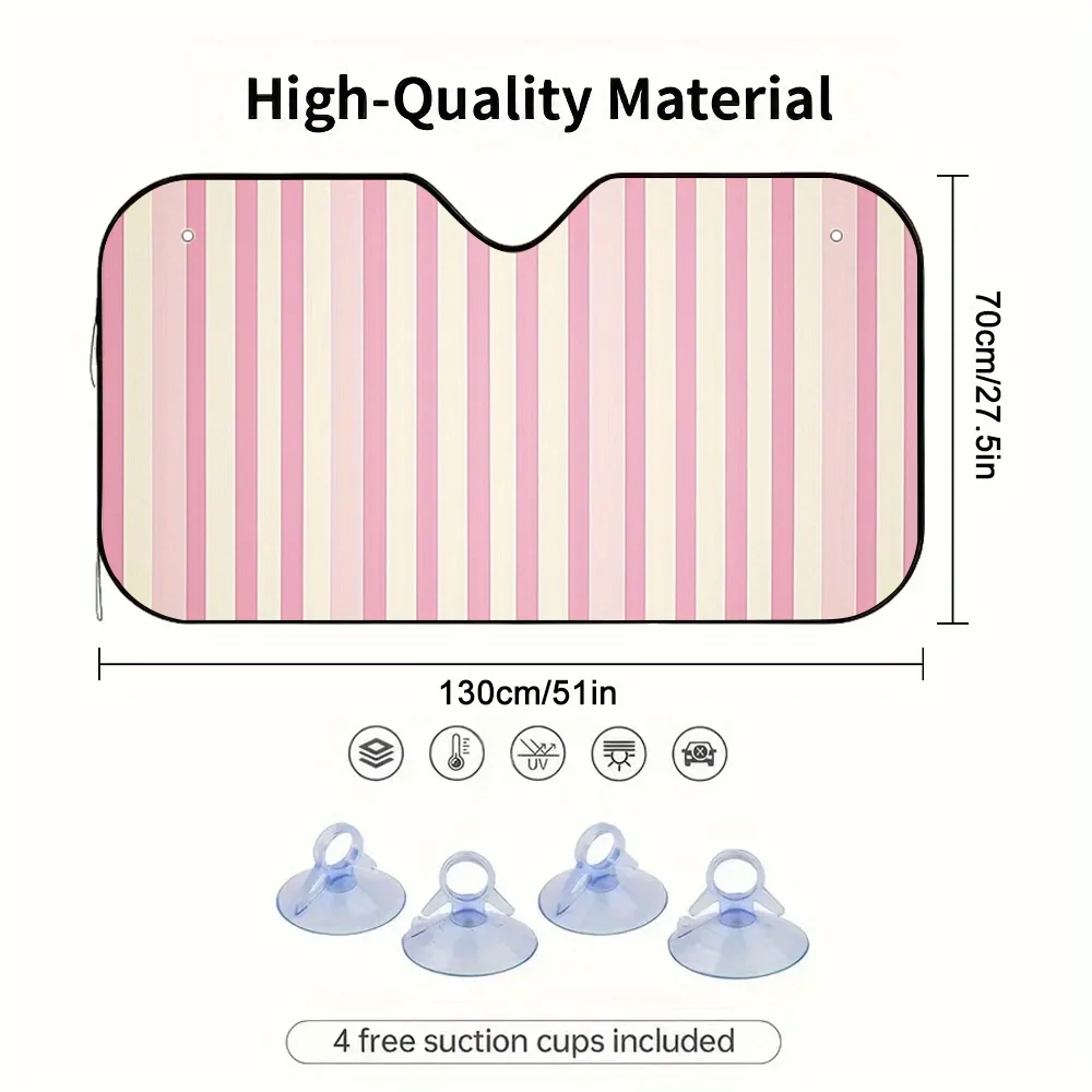 1pc 2D Flat Pink Vertical Stripes Car Sunshade – Stylish Polyester Roll-Up Design, Keeps Your Vehicle Cool, Includes 4 Suction C