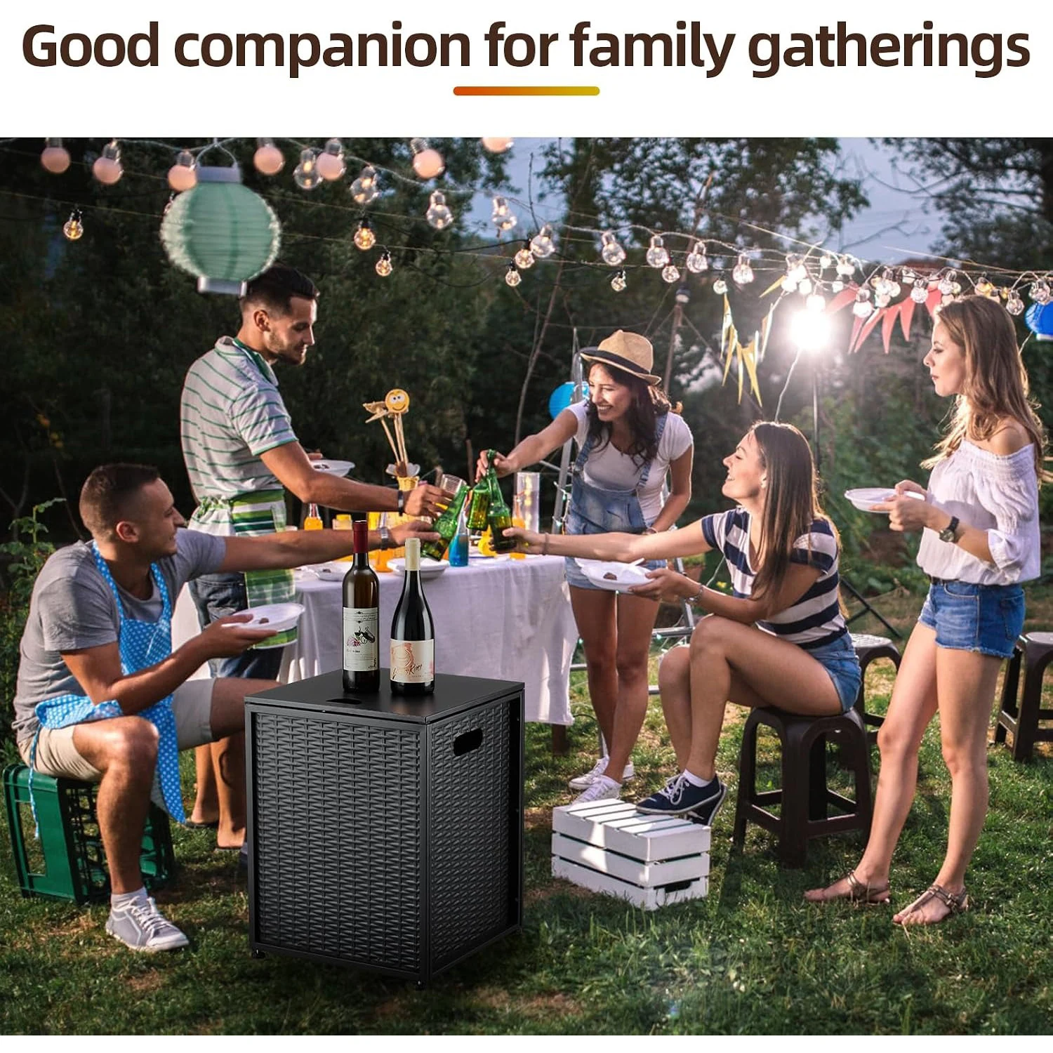 Outdoor Propane Tank Cover Side Table for Standard 20 Lb Tank Black Faux Rattan Steel Hideaway Cabinet with Top Access Side Handles and 4 Adjustable Feet for Patio Deck Fire Pit and Grill Areas view 5
