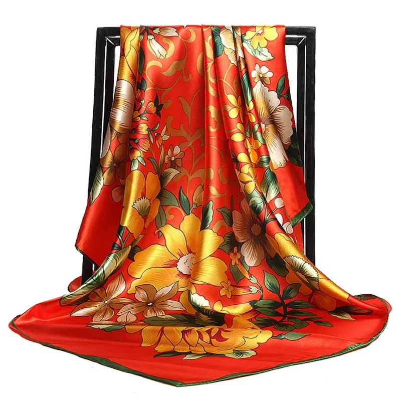 90cm*90cm 2023 Silk scarves Women Fashion Print Shawl ladies Chiffon Kerchief Scarf Popular Beach Headscarf  Square