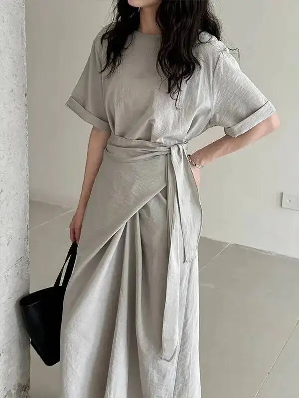 عبر التعادل قصيرة الأكمام فستان طويل الصيف الخصر التخسيس ألف خط تي شيرت فستان عادية الكورية فساتين النساء 2025 جديد 3EEA