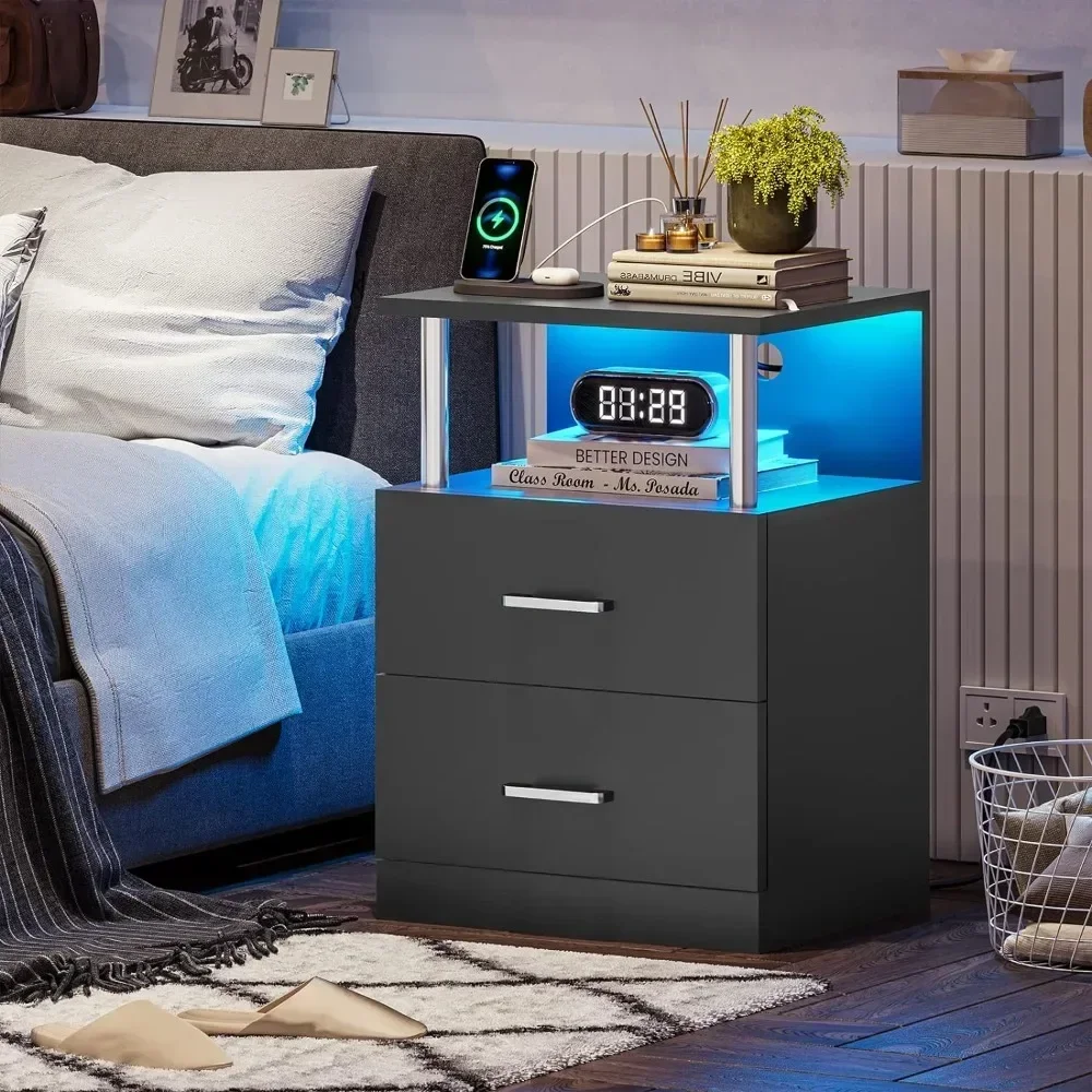 LED Nightstand with Charging Station and USB Ports, Modern End Side Tables with Open Storage& 2 Drawers, Nightstand