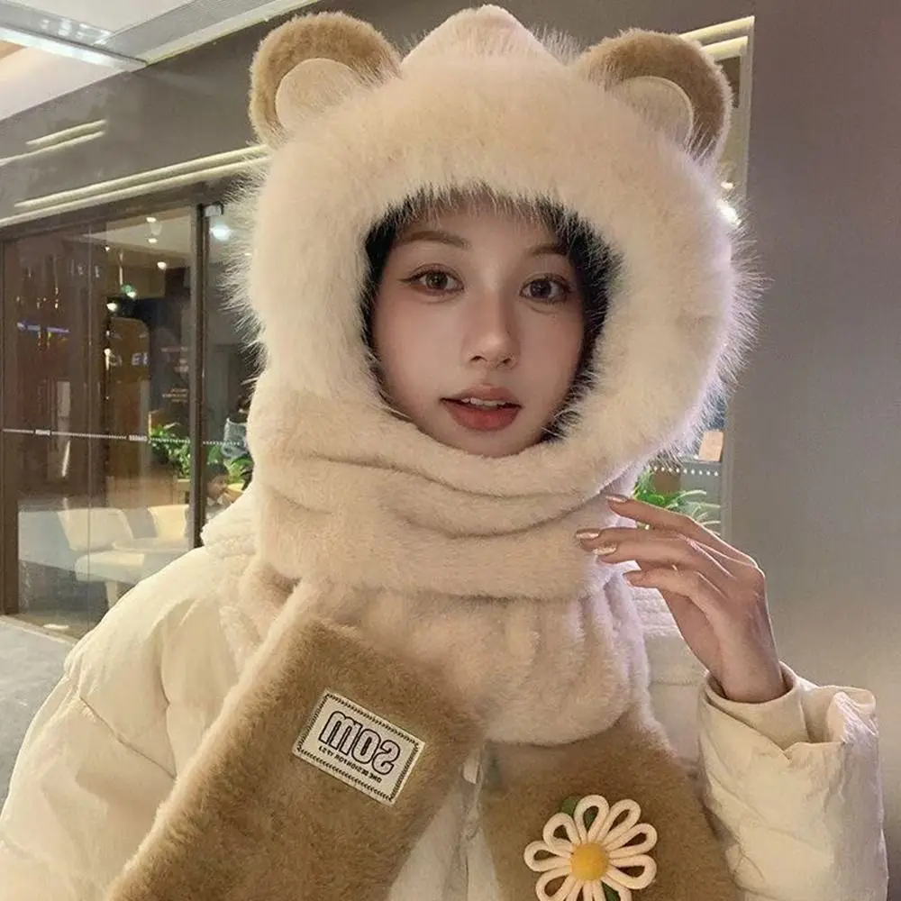 قبعة نسائية دافئة على الموضة مع وشاح مقاوم للبرد والرياح من قطعة واحدة قبعات أوشحة على شكل زهرة دافئة للأذن قبعة حماية للخريف والشتاء #4