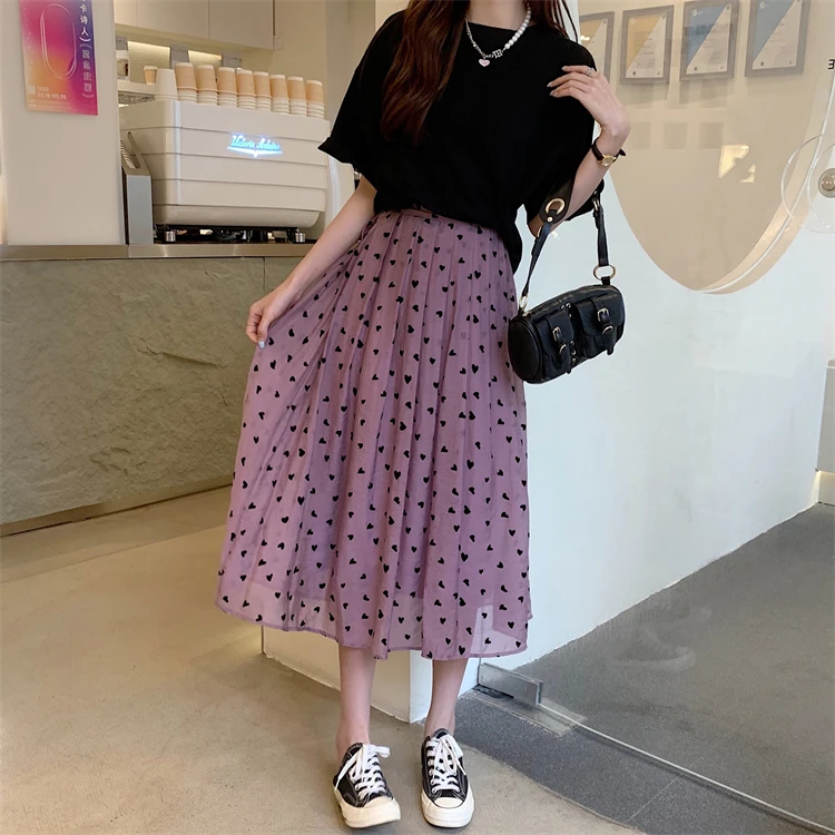 New Versatile Flocking Love Printed Skirt Women's High Waist Slim Large Swing Umbrella Skirt Loose A-line Long Skirt Y2k Skirt