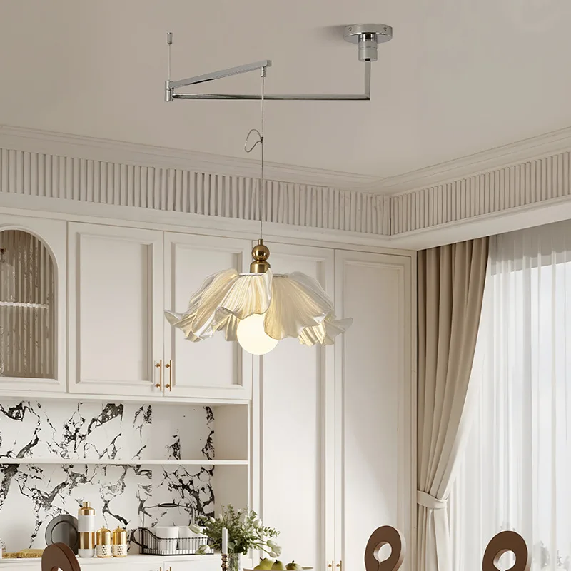 New French Cream Style Petal Restaurant Pendant Designer's Creative Warm and Romantic Swing Arm Decoration LED Chandelier
