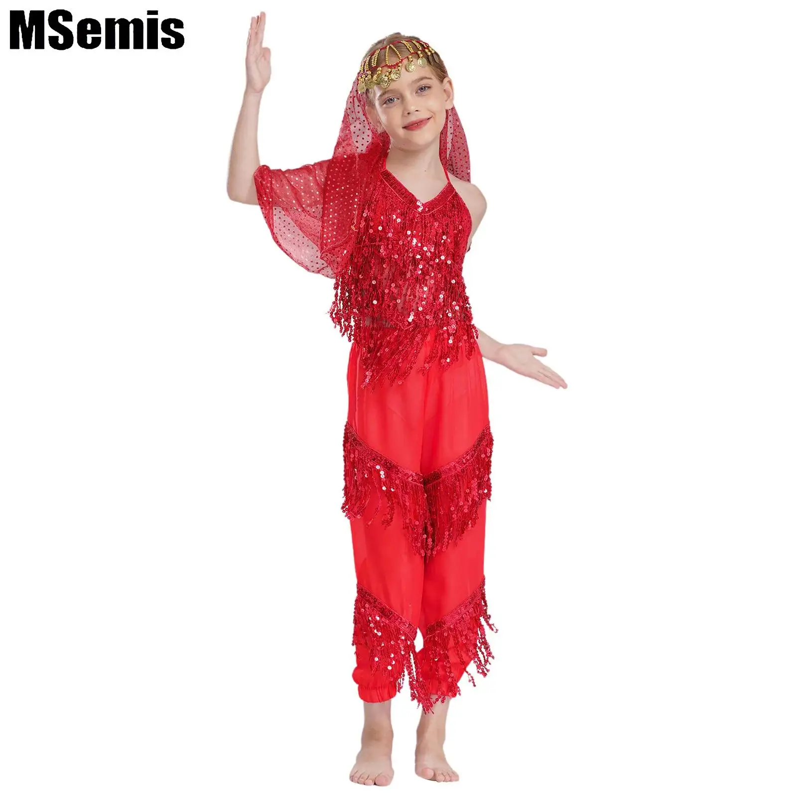 

Kids Girls Sequins Belly Dance Outfit Shiny Tassel Halter Self-Tie Irregular Hem Crop Top with Pants Headscarf