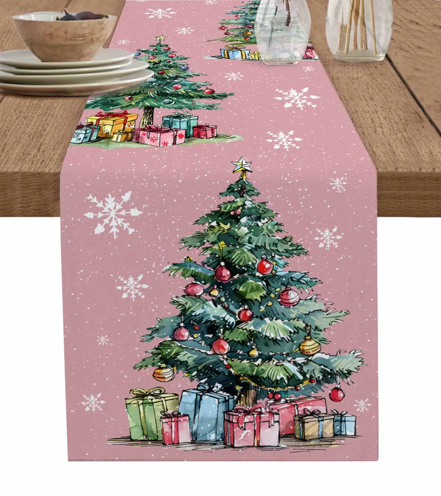 Kerstboom Geschenken Sneeuwvlokken Roze Tafelloper Tafel Decor 2024 Thuis Tafelkleed Kerst Ornament Navidad Natal Nieuwjaar Cadeau