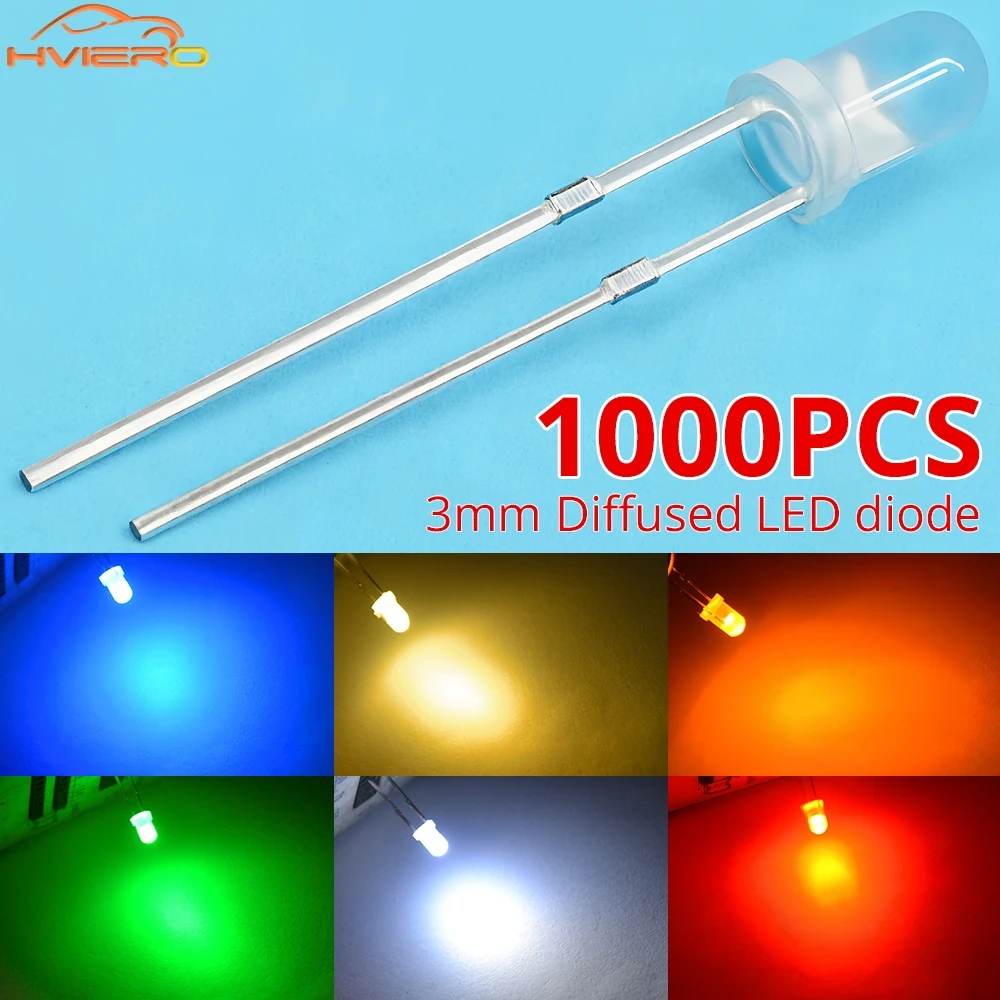 1000PCS F3 3mm Diffused White Red Green Blue Yellow Warm White Diode LED Light Emitting Diode F3 3mm LED Round Diodes Lamp Bulb