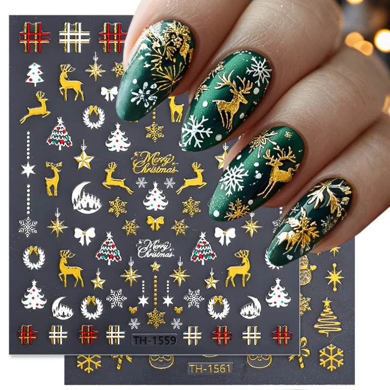 

DIY Christmas Nail Stickers 3D Gold Glitter Christmas Tree Santa Claus Adhesive Nail Decals Decorations Press On Nails