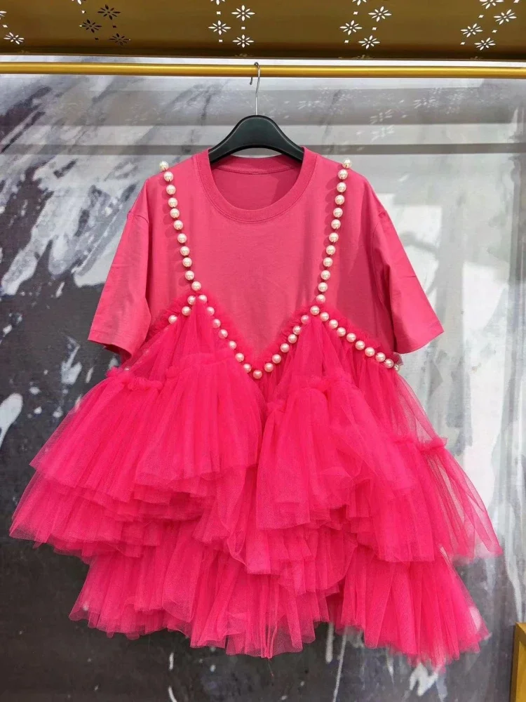 หรูหราตาข่าย Spliced Ruffles เสื้อยืดเพชรลูกปัดไม่สม่ําเสมอผ้าพันคอจีบไข่มุก Tees ปลอม 2pcs Camisole ชุด Vestidos