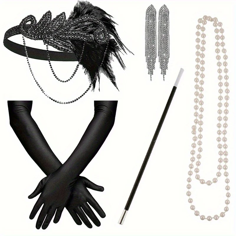 

1920s Party Ball Headband Set Headband Necklace Gloves Smoke Rod Earrings Set Women's Block Headband Accessories Set