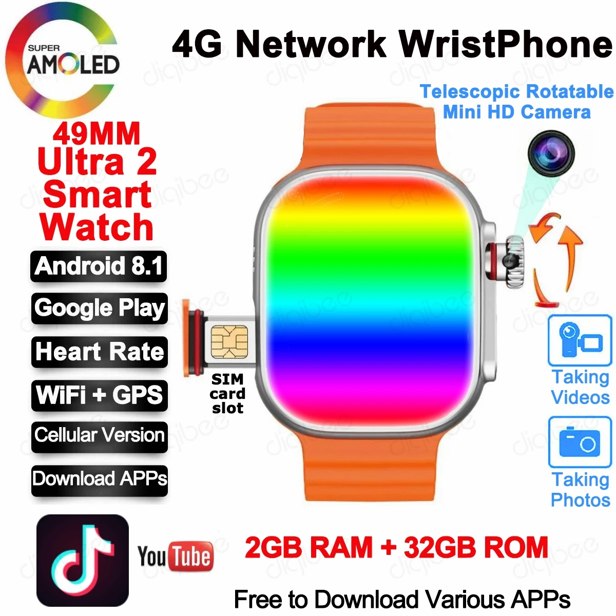 Alloy Case 49MM AMOLED 4G SIM Cellular Version WiFi GPS NFC Google Pay Android Ultra 2 Smart Watch HD Camera Mini Camcorder DVR