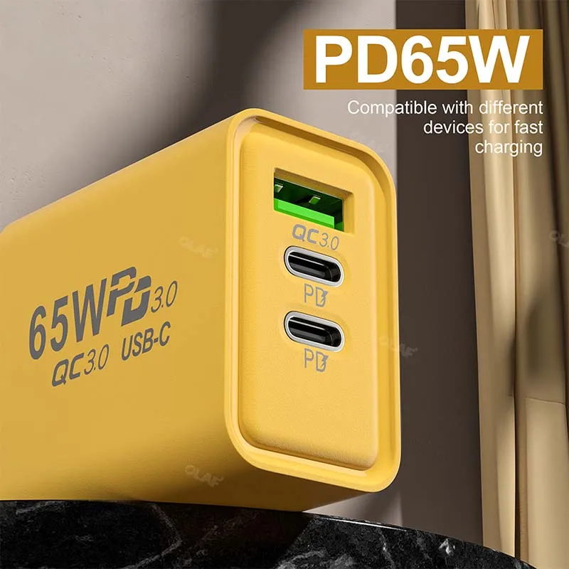 PD 65W Charger Type C 3Ports USB Fast Charging Charger QC3.0 Power Adapter For iPhone Samsung PD 60W USB Type C Cable For Xiaomi