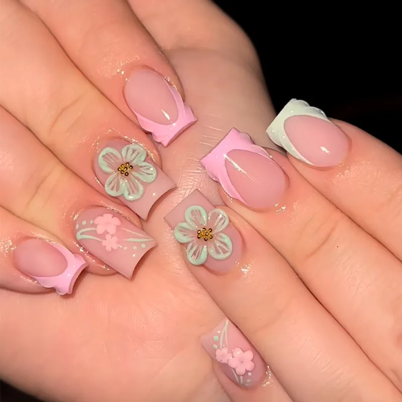 24 قطعة الأزرق منتصف طول مربع الأظافر وهمية اضغط على المحيط زهرة حجر الراين تصميم مسمار تلميح الانتهاء يمكن ارتداؤها الفرنسية أظافر صناعية مجموعة #4