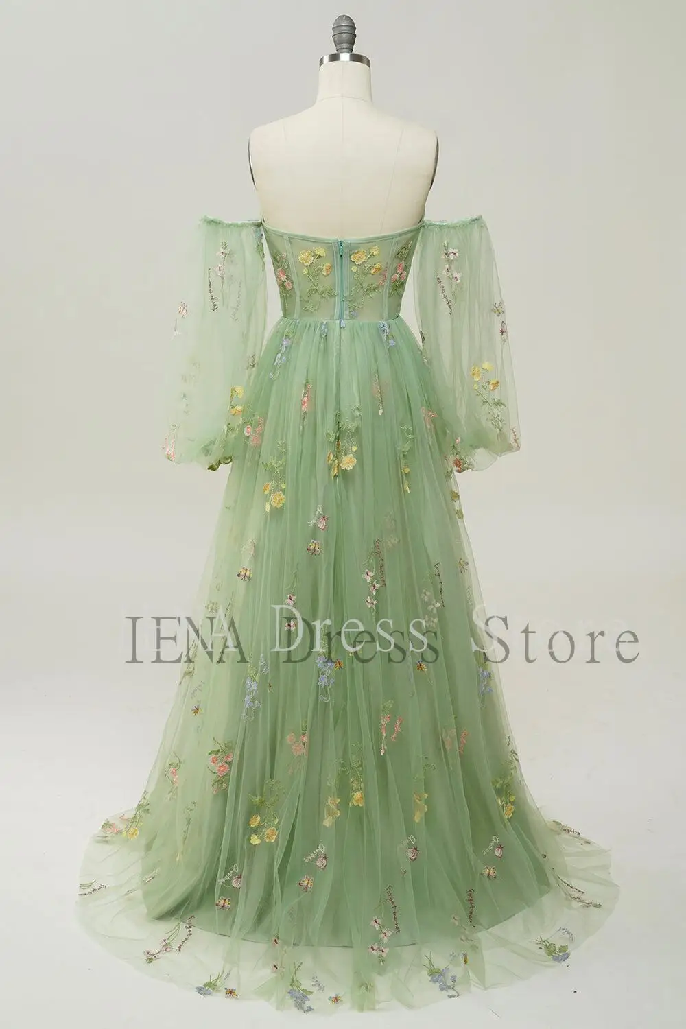 14741#IENA Fairy Sage Green A-Line Evening Dresses Off The Shoulder Bridesmaid Dress With Embroidery Tea Length Party Prom Gown