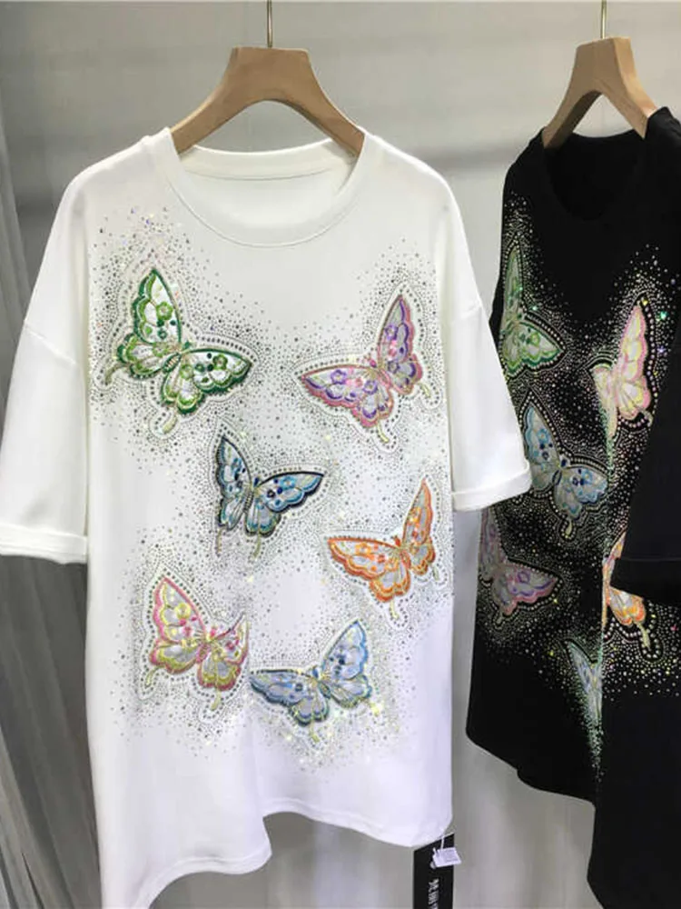 

Couple Style Slim and Fashionable Top Diamond Butterfly Embroidered Round Neck Versatile Loose Short-sleeved T-shirt